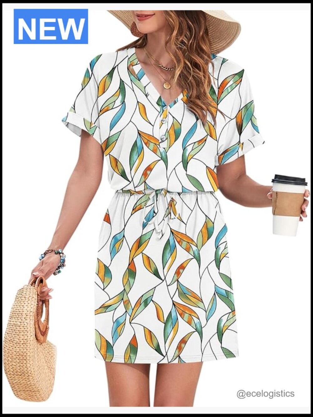 Short Sleeve V Neck Swing Dress with Pockets